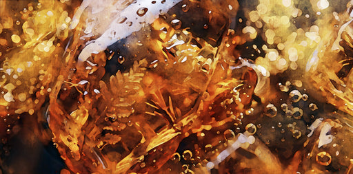 Abstract wallpaper pattern featuring swirls of amber, gold, and bronze liquid with bubbles.