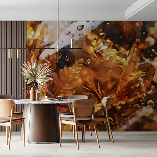 A modern hotel lounge interior featuring a vibrant and warm abstract wall design.