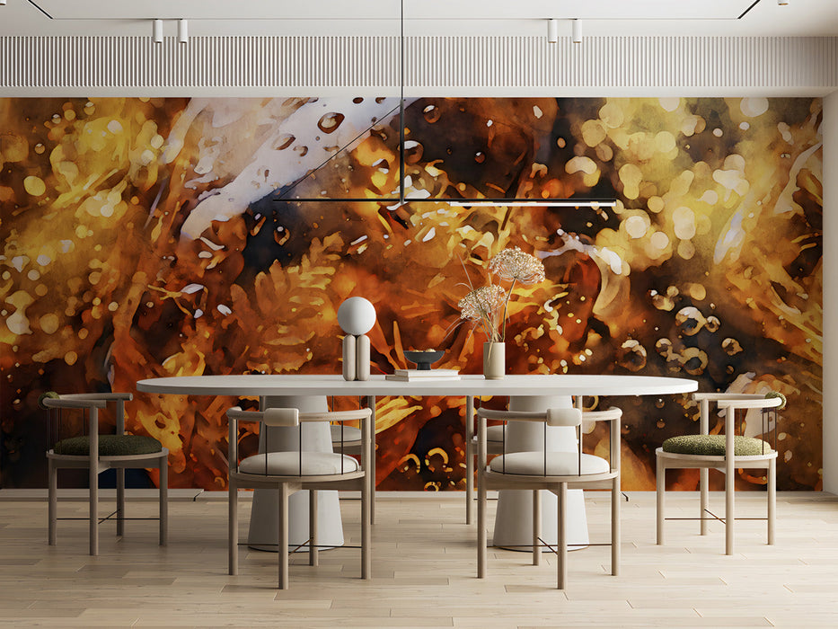 A sophisticated dining room wall adorned with glowing amber abstract wallpaper.
