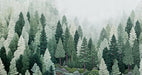 A detailed wallpaper pattern of pine trees in shades of deep green, sage, and pale silvery mist.