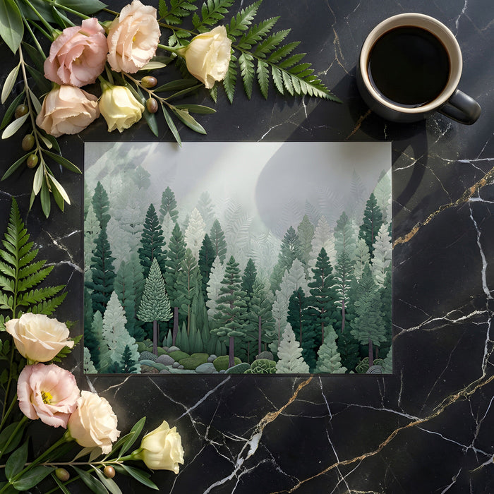 A bright home office space with a woodland pine mural creating a calming nature-inspired backdrop.