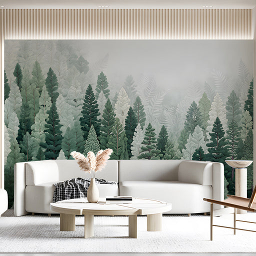 An elegant entryway hallway decorated with a vertical pine forest mural in soft green and silver tones.