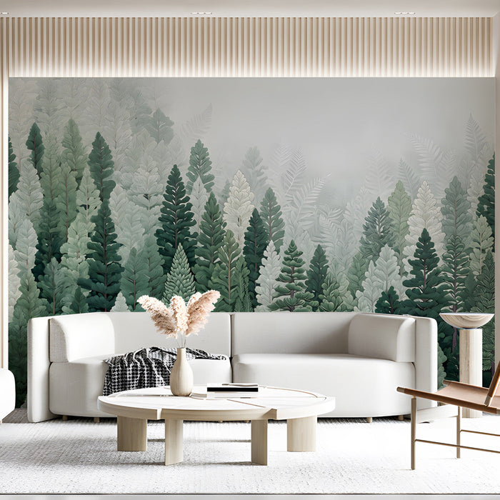 An elegant entryway hallway decorated with a vertical pine forest mural in soft green and silver tones.