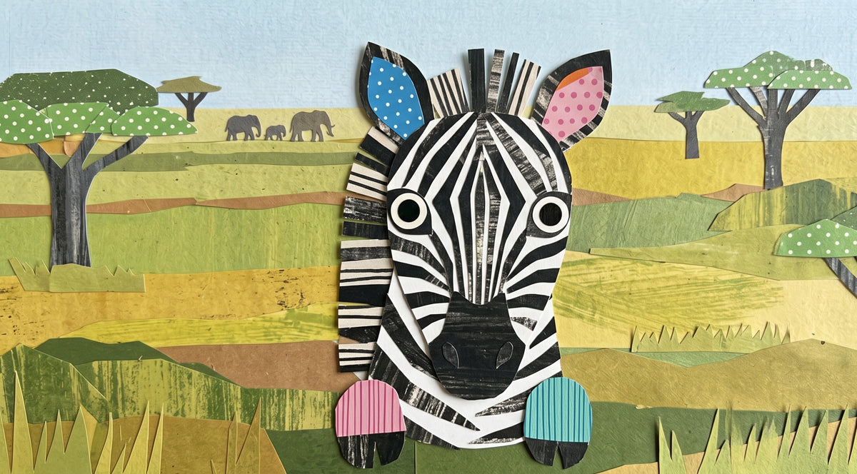 Paper collage mural of a friendly zebra in a green and ochre yellow savanna landscape