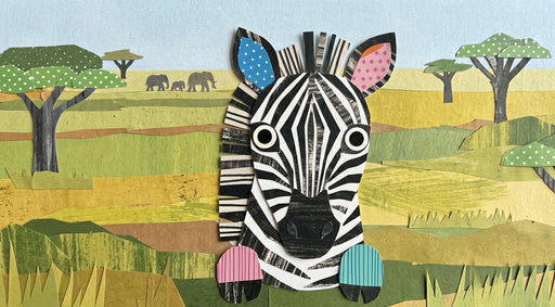 Paper collage mural of a friendly zebra in a green and ochre yellow savanna landscape