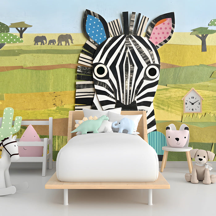 Creative playroom featuring a playful zebra collage wallpaper design