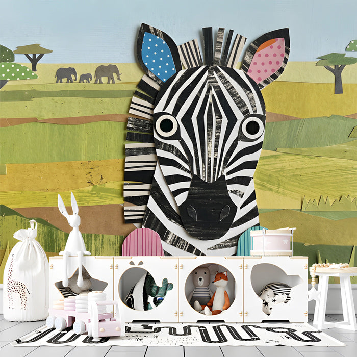 Whimsical zebra wallpaper in a cozy toddler nursery with wooden furniture