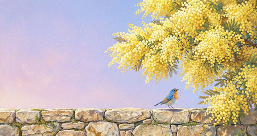 Floral wallpaper pattern featuring bright yellow mimosa flowers, a small blue bird, and a rustic stone wall background.