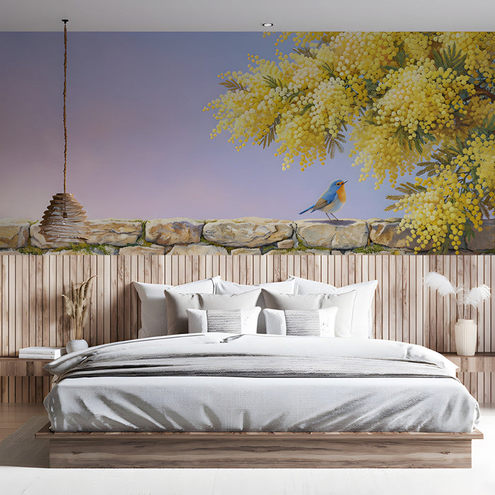 A sun-drenched sunroom or bedroom wall showing the mimosa mural with a small bistro table and chairs.