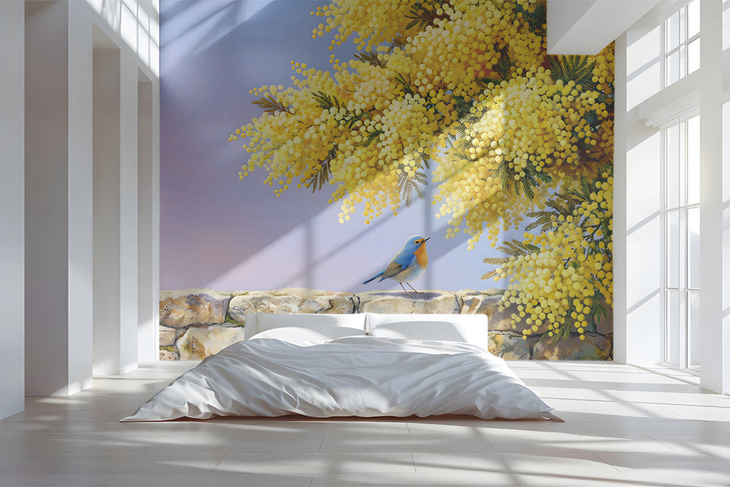A bright bedroom wall featuring the mimosa bird mural, styled with light wooden cabinets and white open shelving.