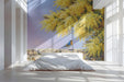 A bright bedroom wall featuring the mimosa bird mural, styled with light wooden cabinets and white open shelving.
