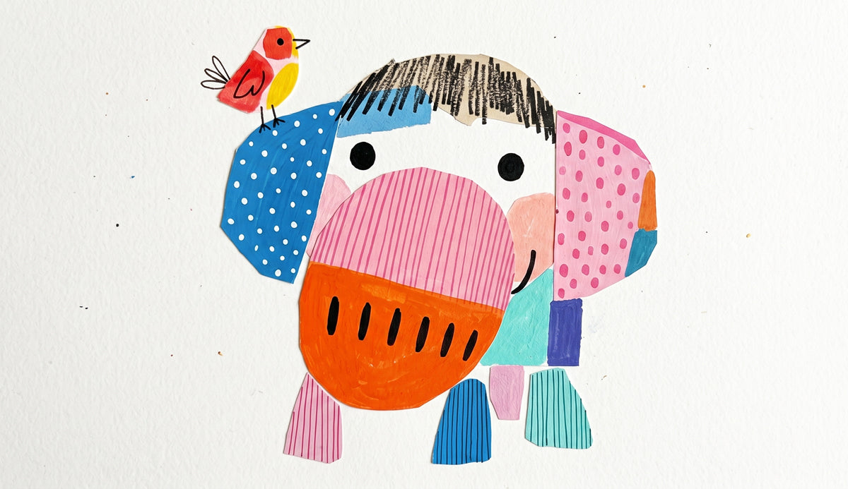 Abstract elephant collage mural with polka dot ears and striped trunk in pink, orange, and blue on a white background