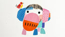 Abstract elephant collage mural with polka dot ears and striped trunk in pink, orange, and blue on a white background