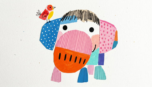Abstract elephant collage mural with polka dot ears and striped trunk in pink, orange, and blue on a white background
