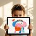 Playful collage art mural as a feature wall in a colorful kids playroom with wooden toys