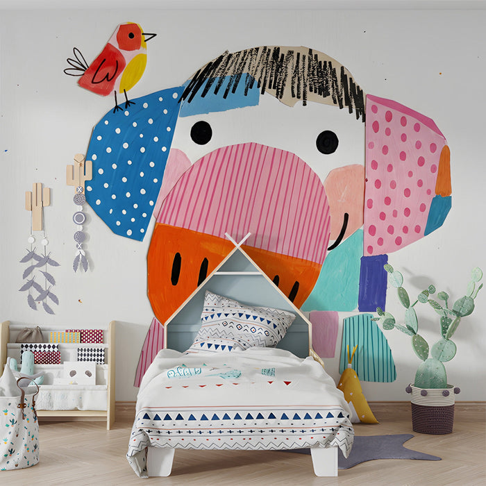 Whimsical elephant wallpaper installed in a bright modern nursery with light wood furniture