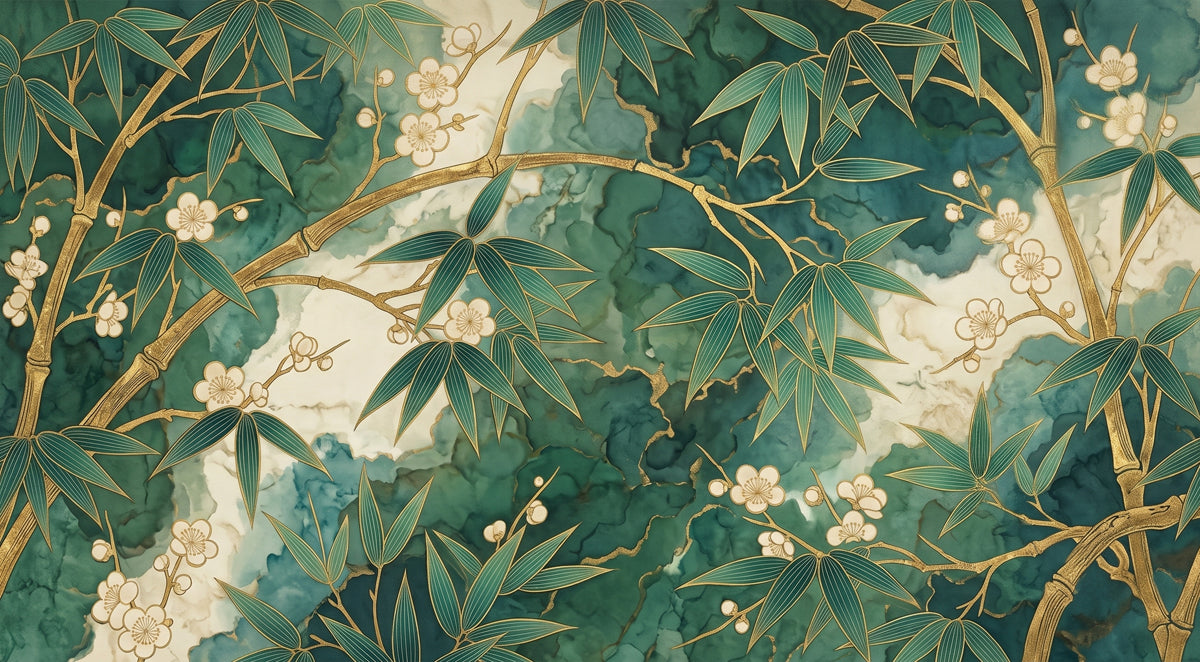 Bamboo and cherry blossom branches in gold ink over a swirling forest green and emerald ink-wash background.