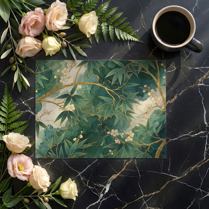 A sophisticated dining room featuring the gilded bamboo wallpaper as a dramatic focal point.