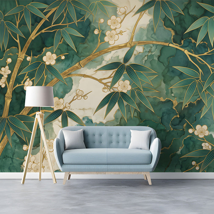 A serene home office corner with the nature-inspired floral mural providing an artistic backdrop.