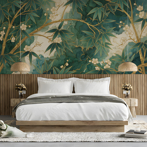 The bamboo mural installed on a large wall behind a velvet bed frame in a master bedroom.