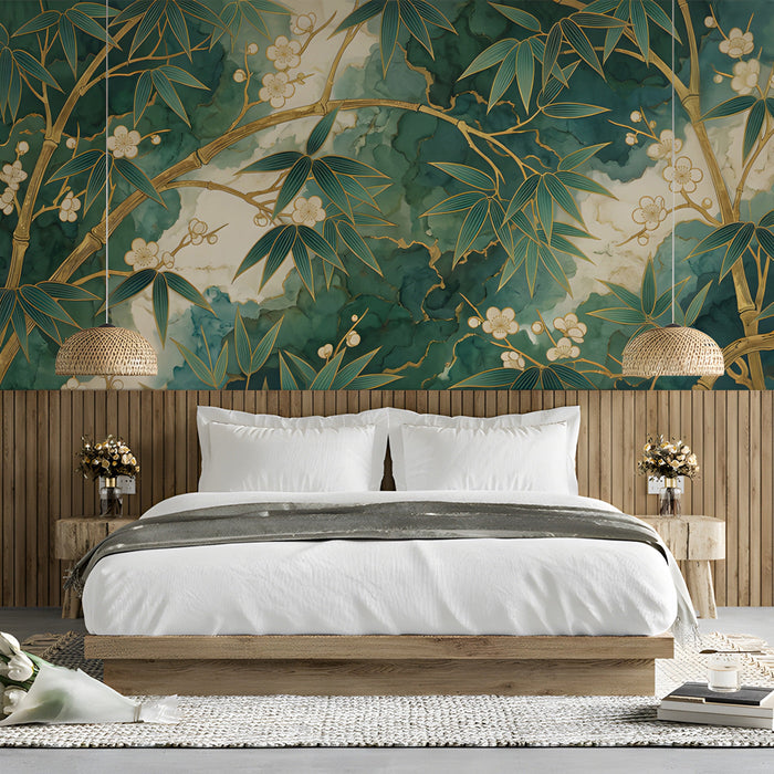The bamboo mural installed on a large wall behind a velvet bed frame in a master bedroom.