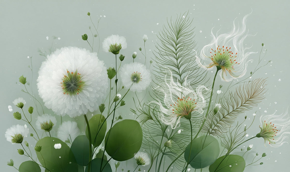 Botanical mural with white dandelion-like flowers and sage green leaves on a soft mint background