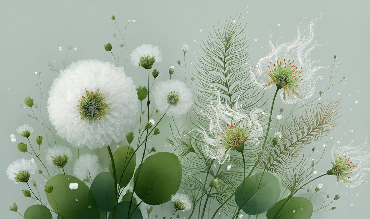 Botanical mural with white dandelion-like flowers and sage green leaves on a soft mint background