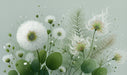 Botanical mural with white dandelion-like flowers and sage green leaves on a soft mint background