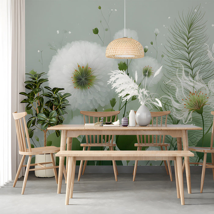 Flowing nature-inspired wall mural in a peaceful, sun-filled  dining room