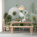 Flowing nature-inspired wall mural in a peaceful, sun-filled  dining room