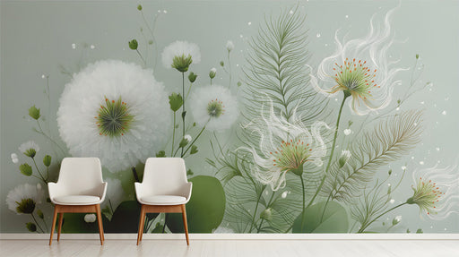 Soft floral wallpaper installed as a feature wall in a tranquil minimalist entryway