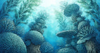 Painterly underwater mural with deep blue coral and kelp forest