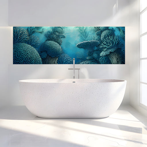 Ocean themed mural wallpaper installed in a relaxing modern bathroom