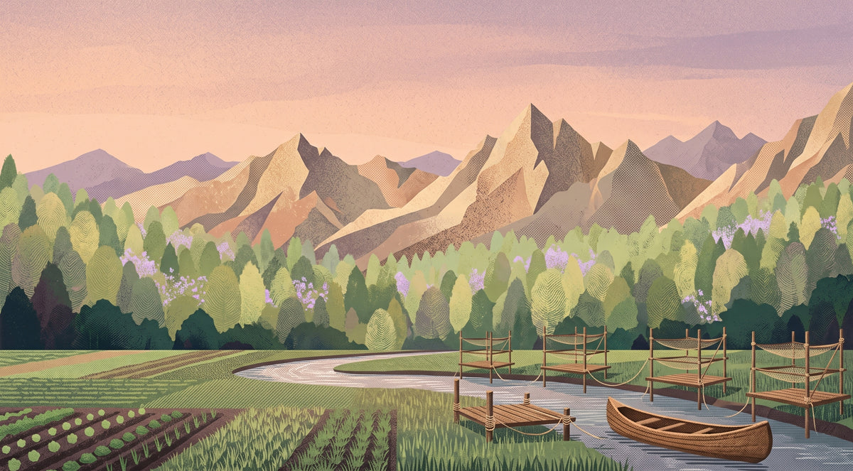 A graphic landscape mural featuring mountain peaks, a river, a canoe, and a forest in shades of sage, ochre, and lavender.