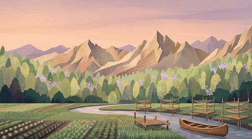 A graphic landscape mural featuring mountain peaks, a river, a canoe, and a forest in shades of sage, ochre, and lavender.
