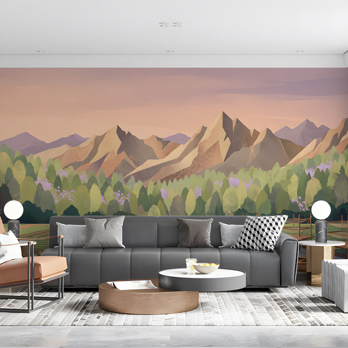 A serene river valley mural used as a wall covering in a creative home office space.