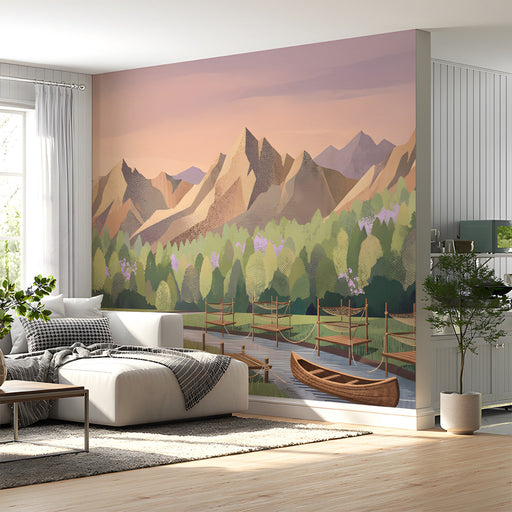 A calming mountain valley mural behind a minimalist bed frame in a study