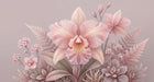 A soft pink mural wallpaper featuring detailed blush orchids and fern fronds on a matching pastel background.
