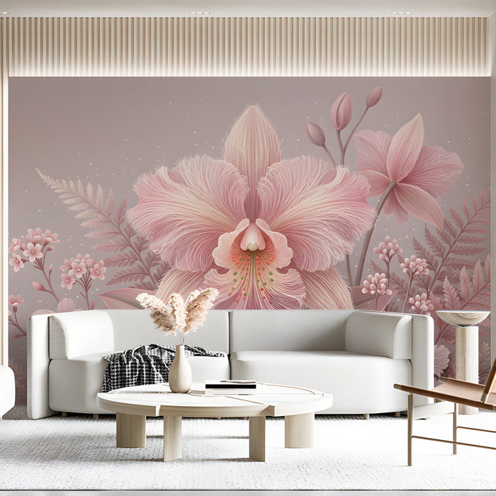 A peaceful home office space styled with light pink botanical mural wallpaper.