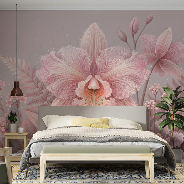 A cozy nursery featuring a delicate blush floral orchid wallpaper on the primary wall.