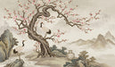Hand-painted style Chinoiserie mural with cranes, plum blossoms, misty mountains, and golden accents on a taupe background.