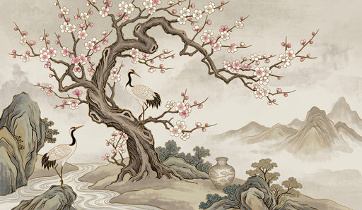 Hand-painted style Chinoiserie mural with cranes, plum blossoms, misty mountains, and golden accents on a taupe background.