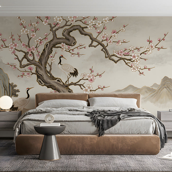 A peaceful home office space featuring the crane and plum blossom mural for a calm, creative backdrop.