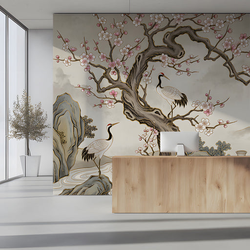 Living room interior featuring an elegant crane and blossom wallpaper mural above a modern neutral sofa.