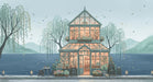 Whimsical greenhouse mural wallpaper with weeping willows, a lakeside setting, and warm interior lighting in soft blue and teal tones.