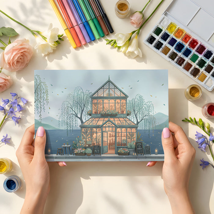 A serene home office with the lakeside conservatory mural, providing a quiet and artistic backdrop for focused work.