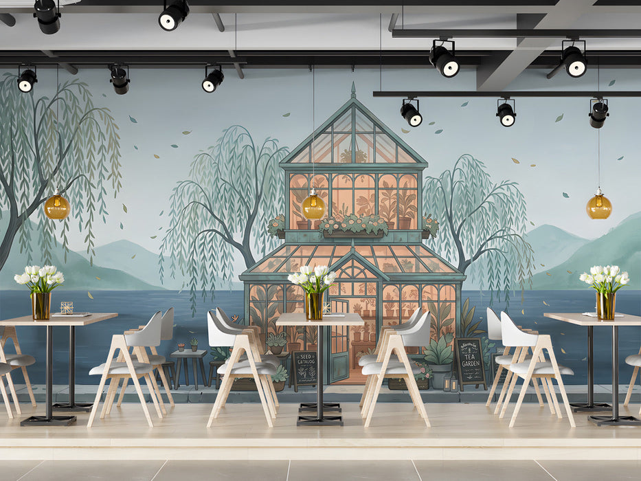 A cozy bar featuring the greenhouse wallpaper, creating a peaceful and imaginative environment for a child.