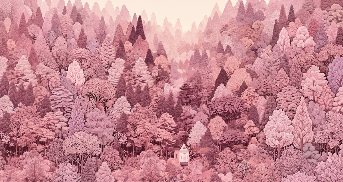 A monochromatic mural featuring a dense forest in shades of blush, rose, and cream with a small cabin.