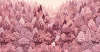 A monochromatic mural featuring a dense forest in shades of blush, rose, and cream with a small cabin.