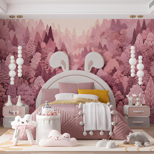 A bedroom with a soft pink woodland mural behind a bed with neutral linens.